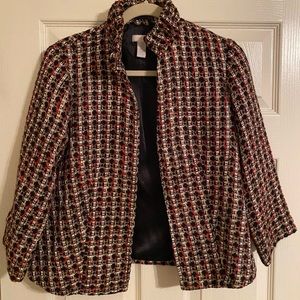 Chico’s Women’s Tweed Jacket. Size Small (4). Red, black, Gold, tan threading